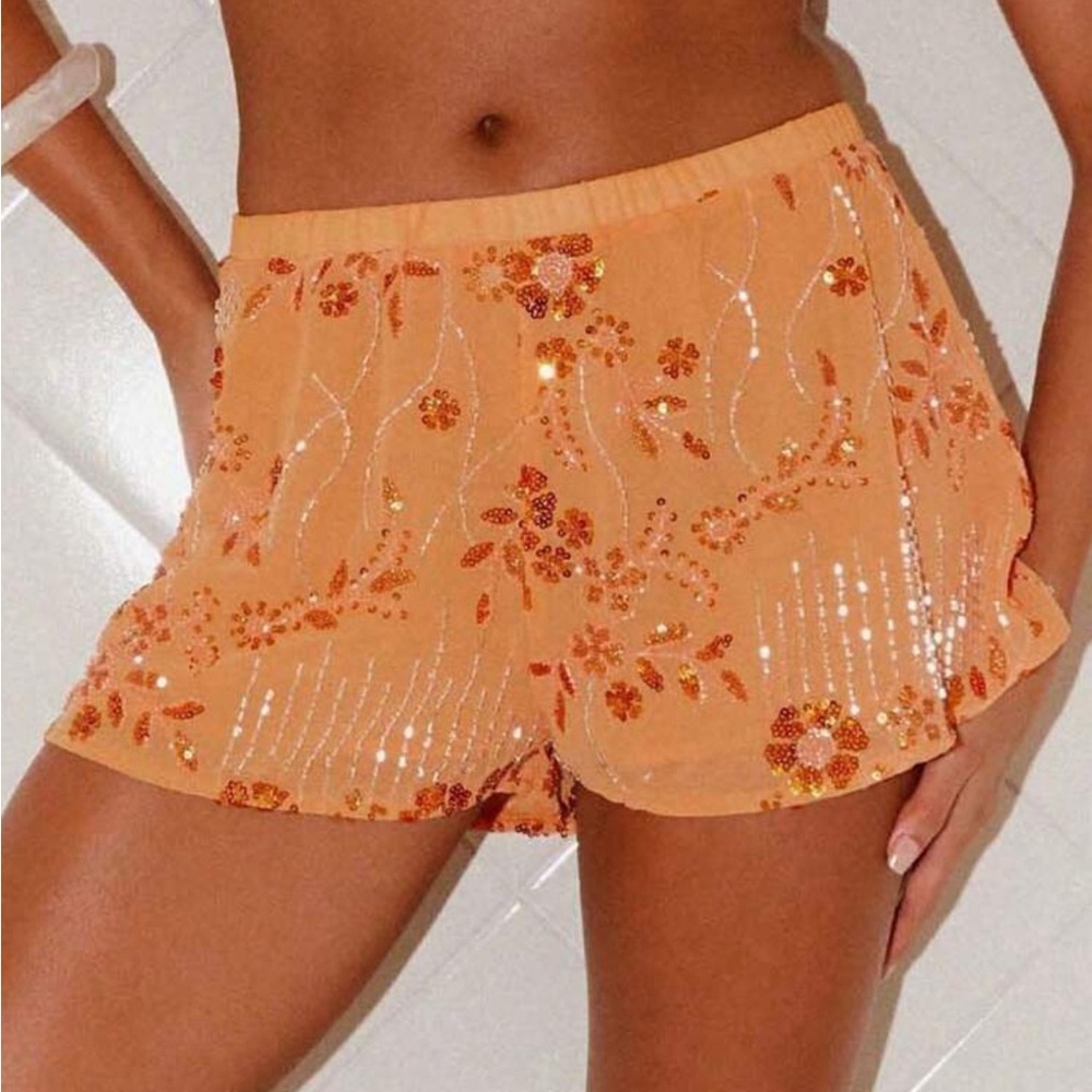 Orange Sequin Embellished Shorts